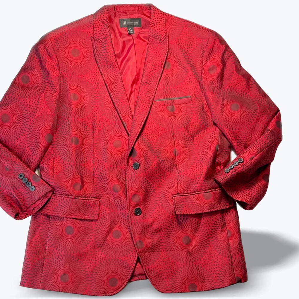 INC Sport Coat Red Black Sunburst Loud Statement Blazer Mens XL Slim Fit